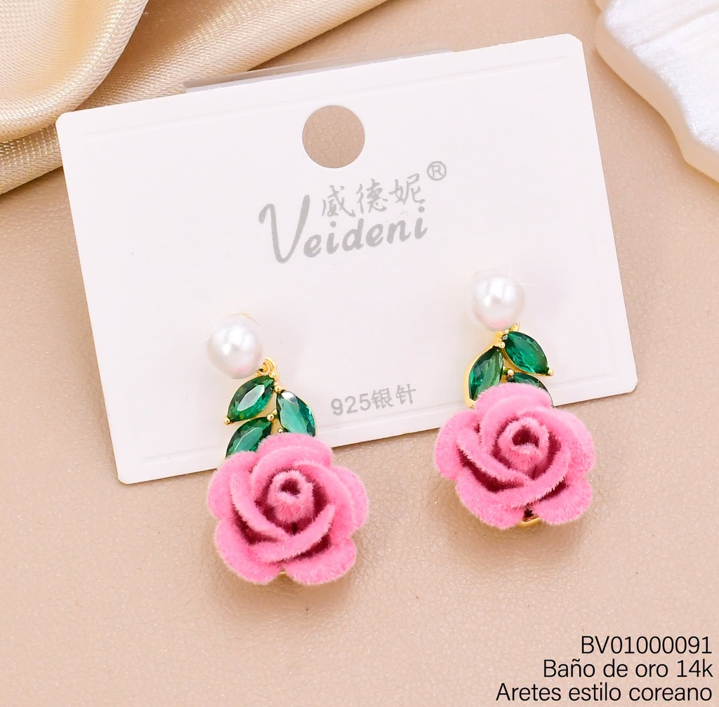 ARETES BAÑO DE ORO 14K PERLA/HOJITAS ZIRC/FLOR GAMUZA ROSADA EH-4438 (VEI080926)