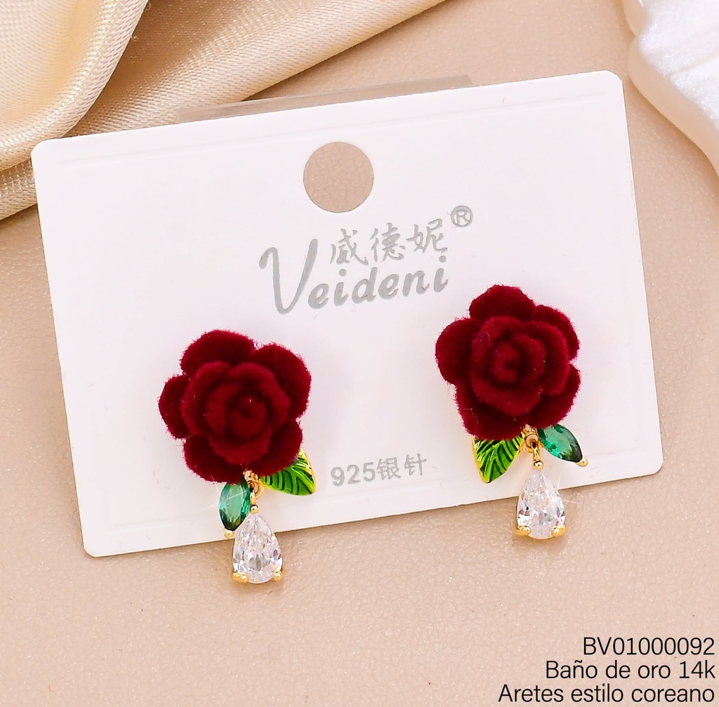 ARETES BAÑO DE ORO 14K FLOR GAMUZA ROJA/HOJITAS/ZIRC. GOTA EH-4161(VEI080926)