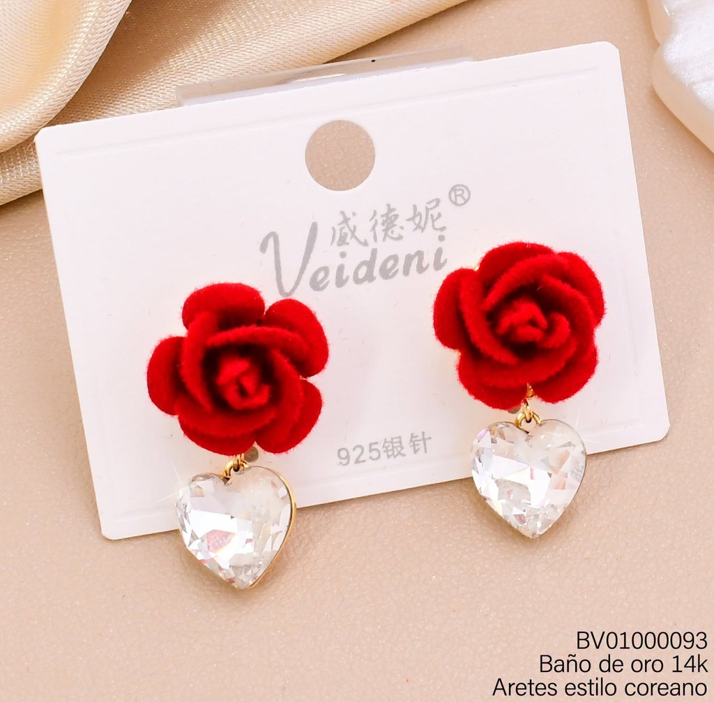 ARETES BAÑO DE ORO 14K. FLOR GAMUZA/ZIRC. CORAZON EH-4152 (VEI080926)