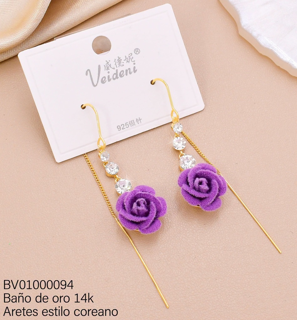 ARETES BAÑO DE ORO 14K VIOLADORES ZIRC RD/FLOR GAMUZA MORADA EH-3772 (VEI080926)