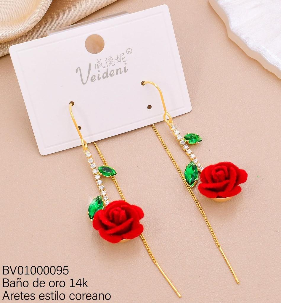 ARETES BAÑO DE ORO 14K. VIOLADORES ZIRC/HOJITAS/FLOR GAMUZA ROJA EH-2185(VEI080926)