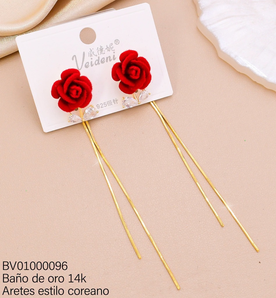 ARETES BAÑO DE ORO 14K FLOR GAMUZA ROJA/HOJITAS ZIRC./COLGANTES EH-3773 (VEI080926)