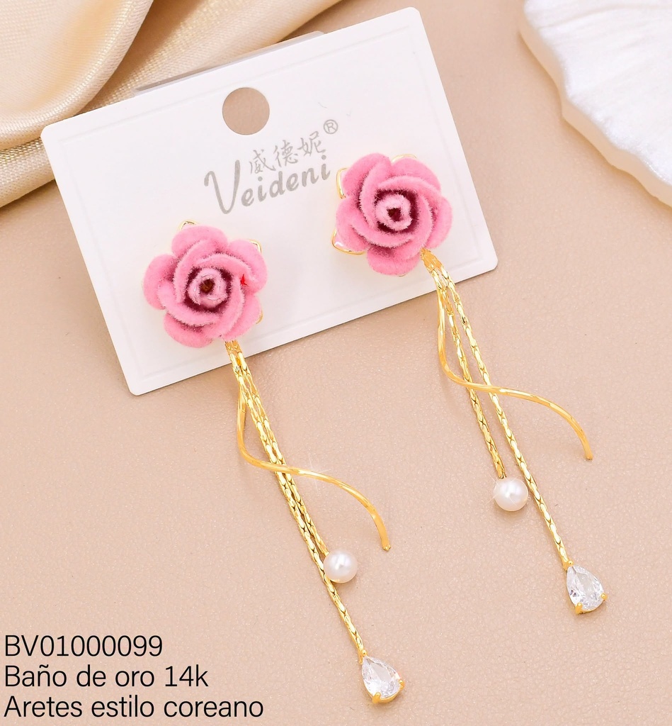 ARETES BAÑO DE ORO 14K  FLOR ROSADA GAMUZA / COLGANTES EH-4478 (VEI080926)