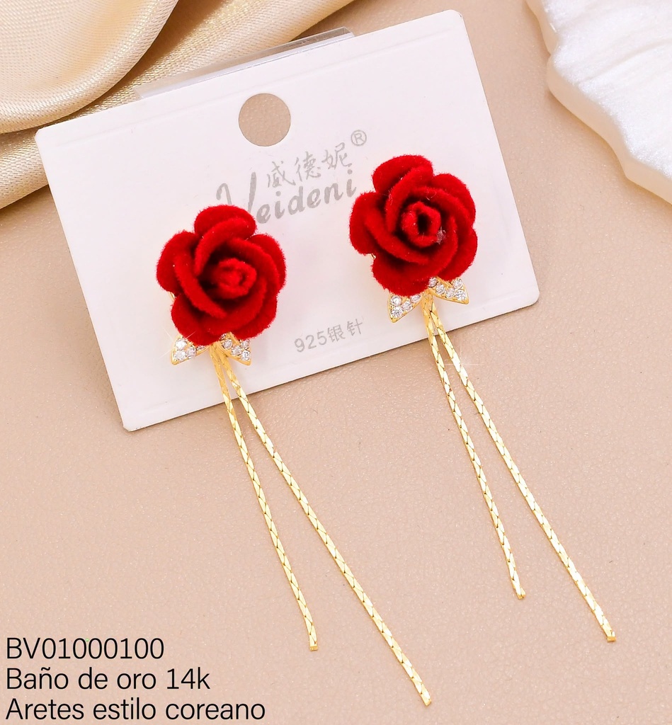 ARETES BAÑO DE ORO 14K. FLOR ROJA GAMUZA / COLGANTES EH-4441 (VEI080926)