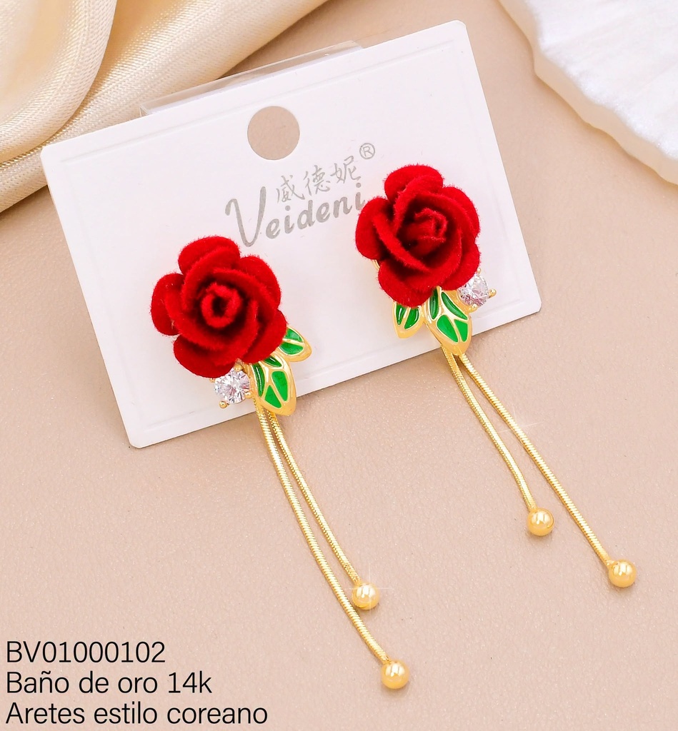 ARETES BAÑO DE ORO 14K. FLOR ROJA GAMUZA/HOJITAS/COLGANTES EH-4482 (VEI080926)