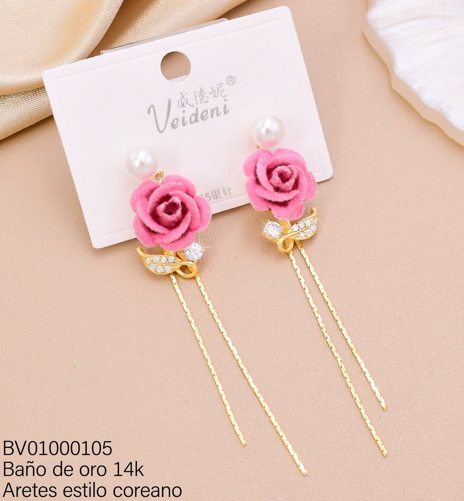 ARETES BAÑO DE ORO 14K PERLA/FLOR ROSADA GAMUZA/COLGANTES EH-4446 (VEI080926)
