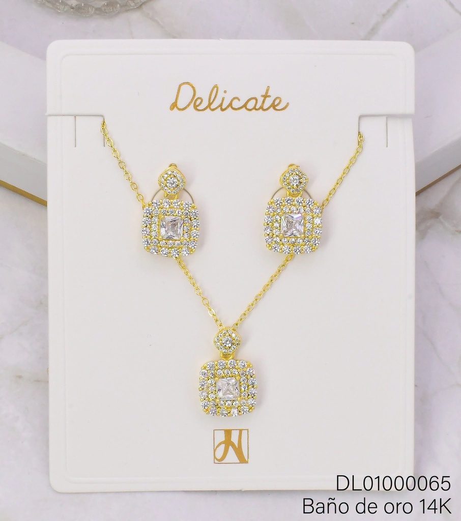 SET BAÑO DE ORO 14K. ROMBO/ CUADRO ZIRC. CX23A (DEL1)