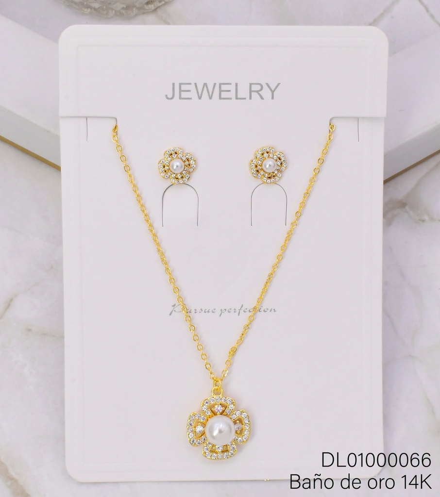 SET BAÑO DE ORO 14K.  FLOR 4 PETALOS/ PERLA CENTRO MSH183A (DEL1)