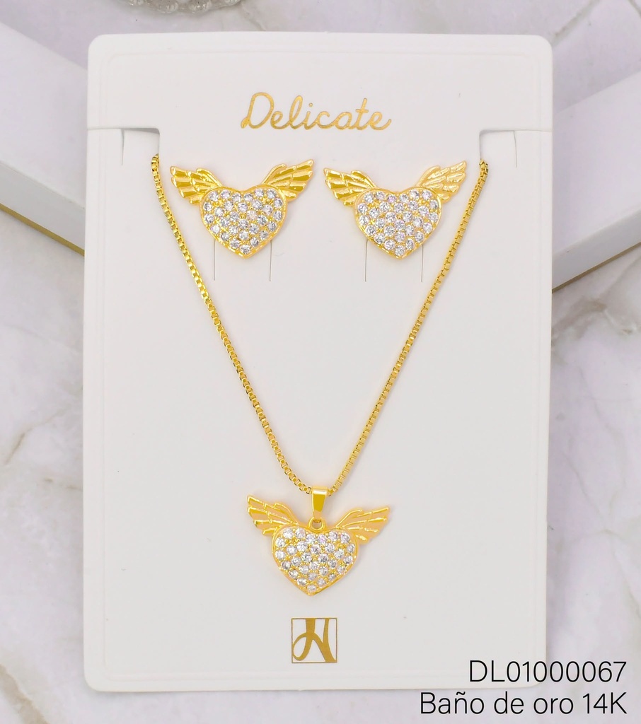 SET BAÑO DE ORO 14K. CORAZON ZIRC/ALAS CX67A (DEL1)