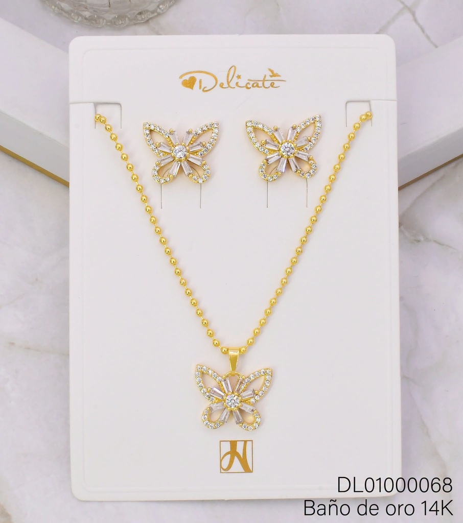 SET BAÑO DE ORO 14K. MARIPOSA ZIRC / CADENA PELOTITAS CX48A (DEL1)