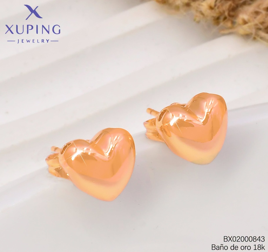 ARETES BAÑO DE ORO 18K. XUPING CORAZON LISO PQ.0.7CM