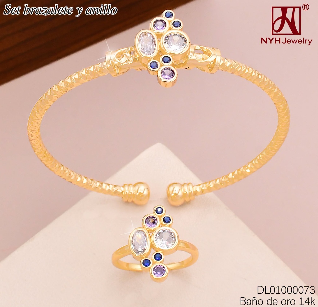 BRAZALETE C/ANILLO AJUST. BAÑO DE ORO 14K. ROMBO ZIRC. OV. & RD. COLORES A1516A (DEL1)