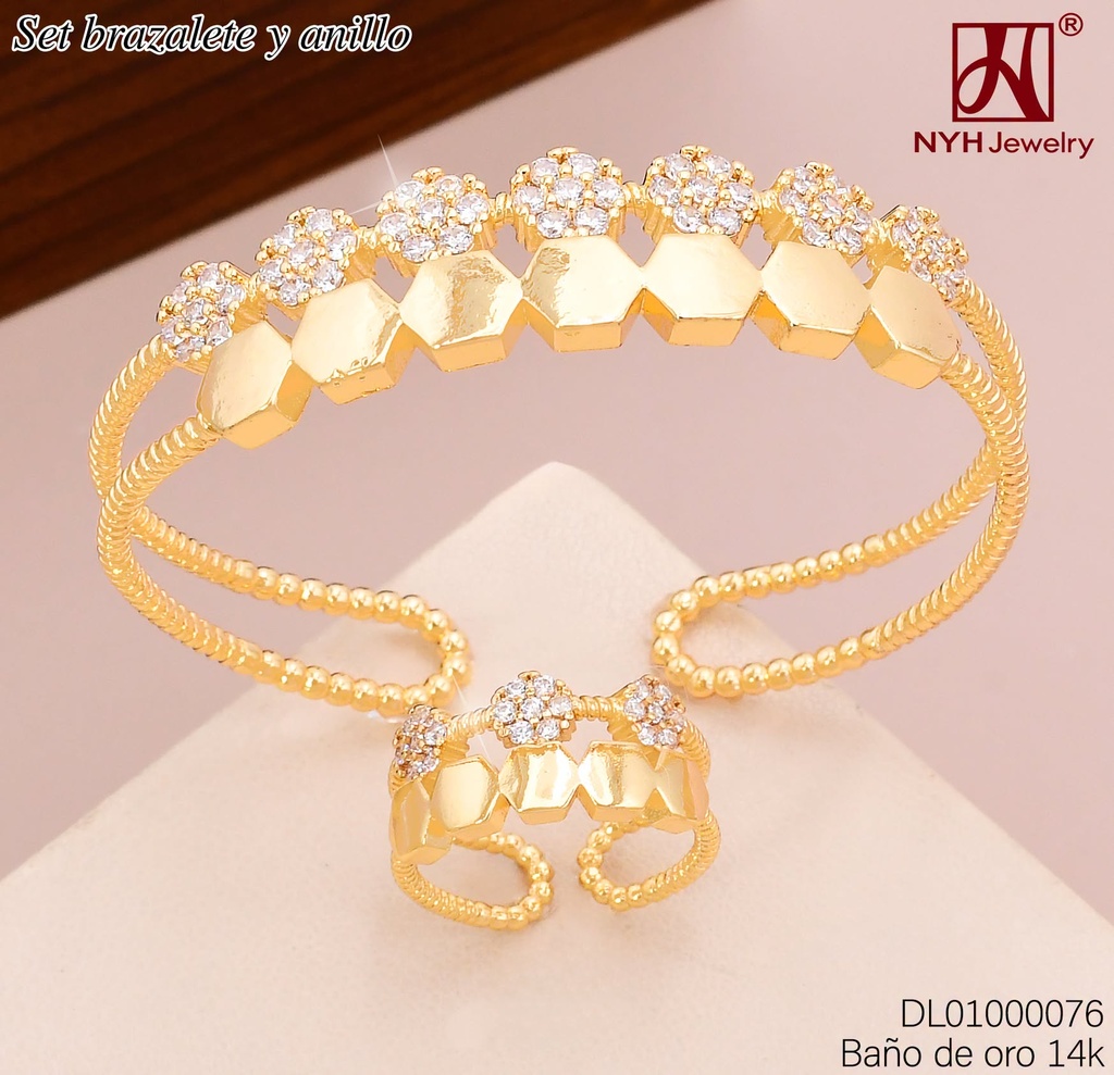BRAZALETE C/ANILLO AJUST. BAÑO DE ORO 14K. RD ZIRC/HEXAGONO LISO GSH048(DEL1)
