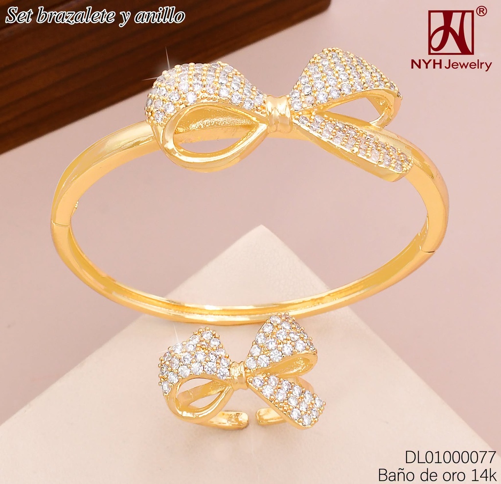 BRAZALETE C/ANILLO AJUST. BAÑO DE ORO 14K. LAZO ZIRC. ZWQ41(DEL1)