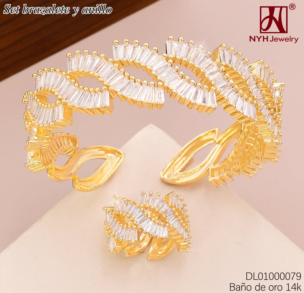 BRAZALETE C/ANILLO AJUST. BAÑO DE ORO 14K. LINEAS CURVAS ZIRC RECT. ZWQ92A(DEL1)