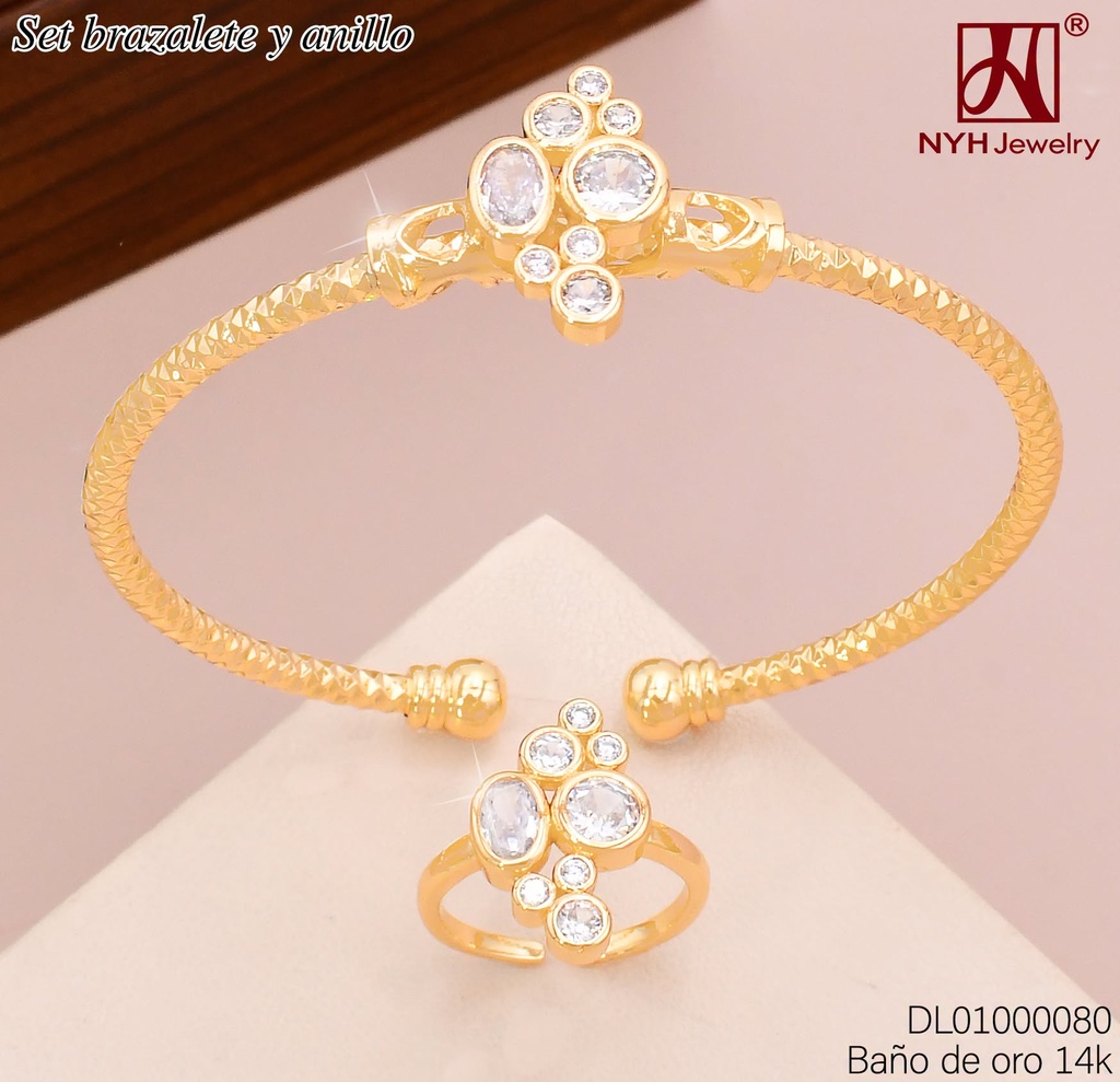 BRAZALETE C/ANILLO AJUST. BAÑO DE ORO 14K. ROMBO ZIRC. OV. & RD. CRISTAL A1516B (DEL1)