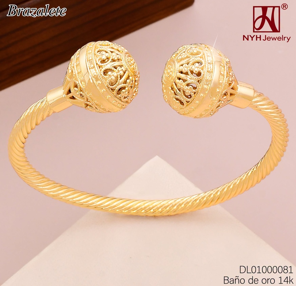 BRAZALETE BAÑO DE ORO 14K.  TORNEADO / EXTREMOS PELOTAS CALADAS A1728A (DEL1)