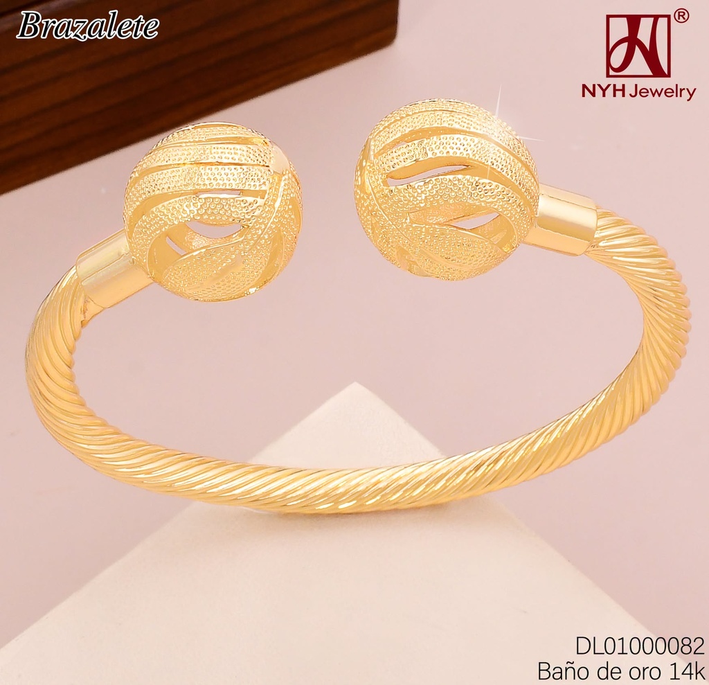 BRAZALETE BAÑO DE ORO 14K. TORNEADO / EXTREMOS PELOTAS CALADAS & PUNTEADAS XC777A (DEL1)