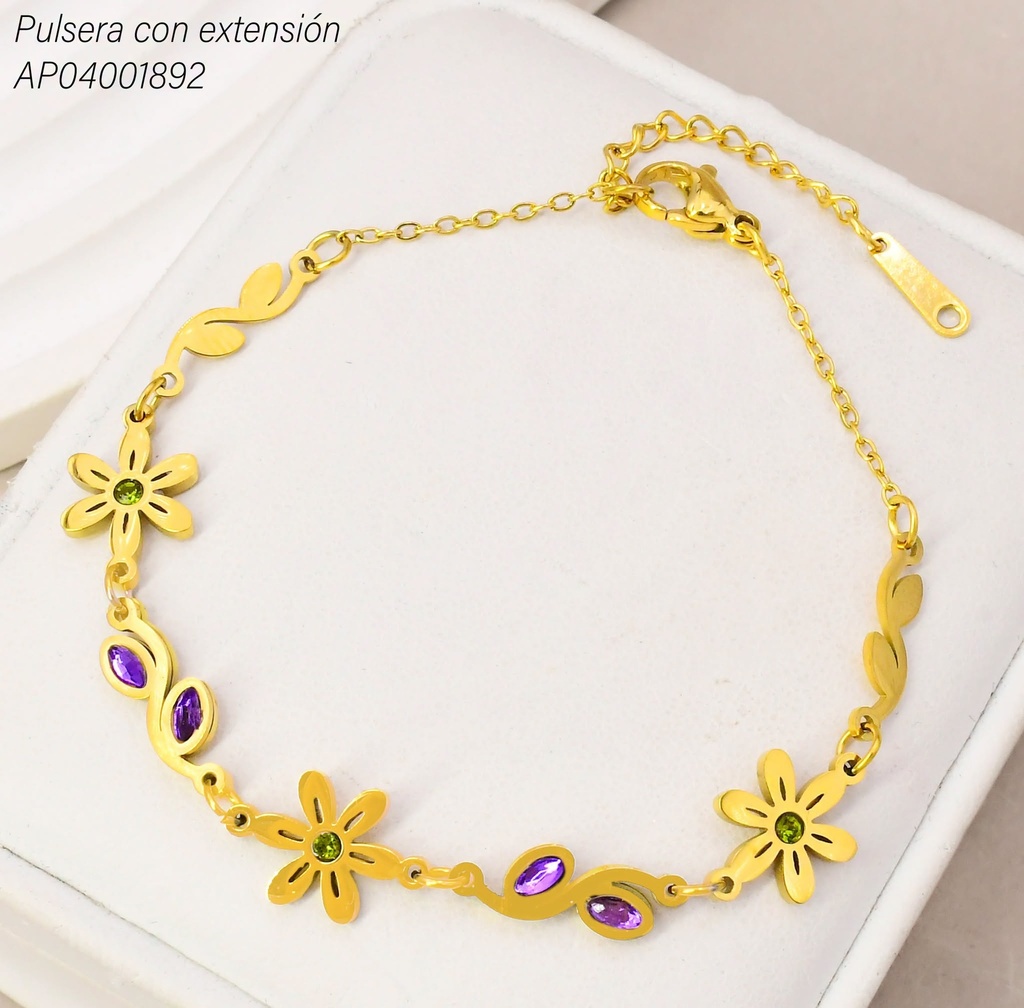 PULSERA FLOR ZIRC. VERDE/HOJITAS MORADAS KB216204 (KS26)