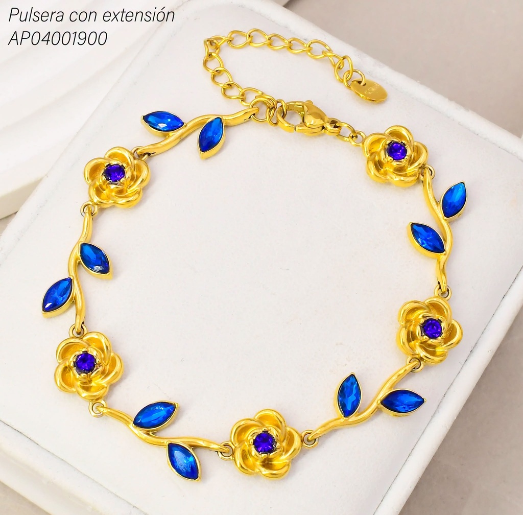 PULSERA FLOR & HOJITAS AZULES KB217221 (KS26)