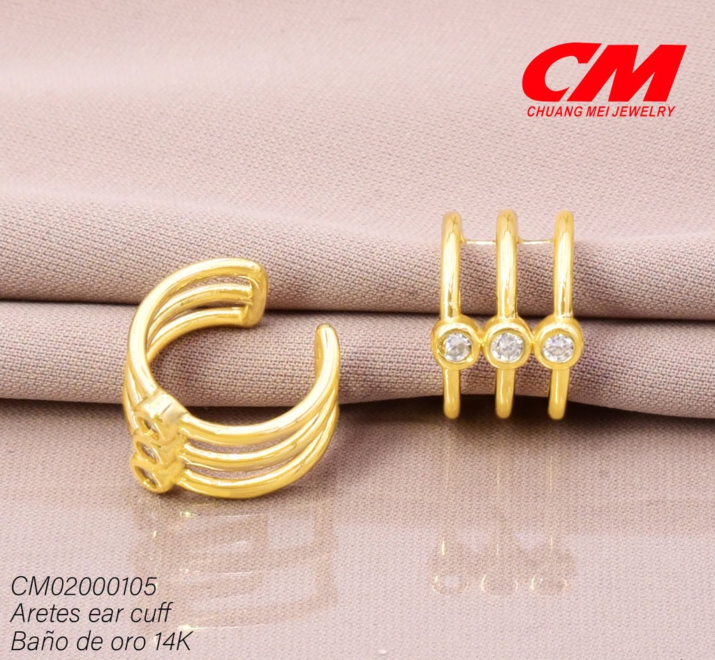 EAR CUFF BAÑO DE ORO 14K. 3 LINEAS HORIZ./ZIRC. RD CENTRO RJ03620001(27A)