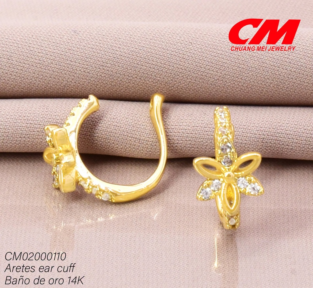 EAR CUFF BAÑO DE ORO 14K. FLOR CROQUI /ZIRC RJ-01850004 (27A)