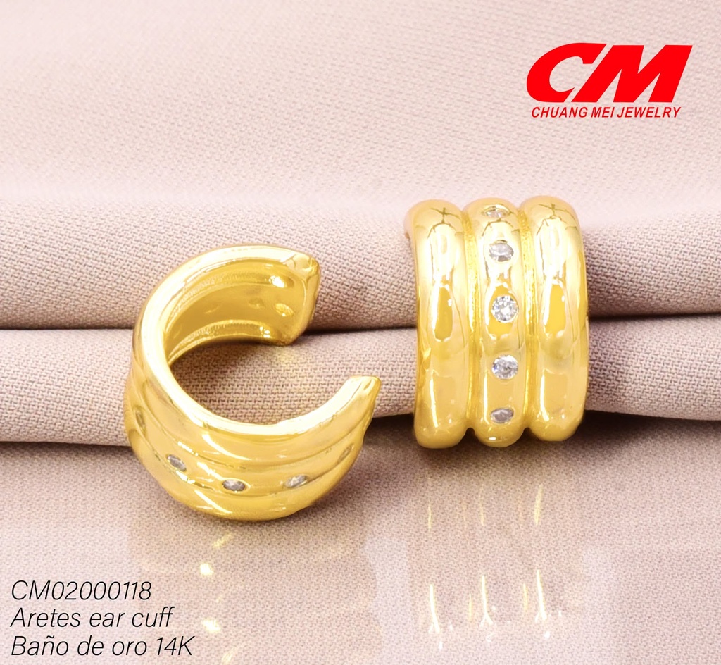 EAR CUFF BAÑO DE ORO 14K. 3 FRANJAS /CENTRO ZIRC. RJ-03840001 (27A)