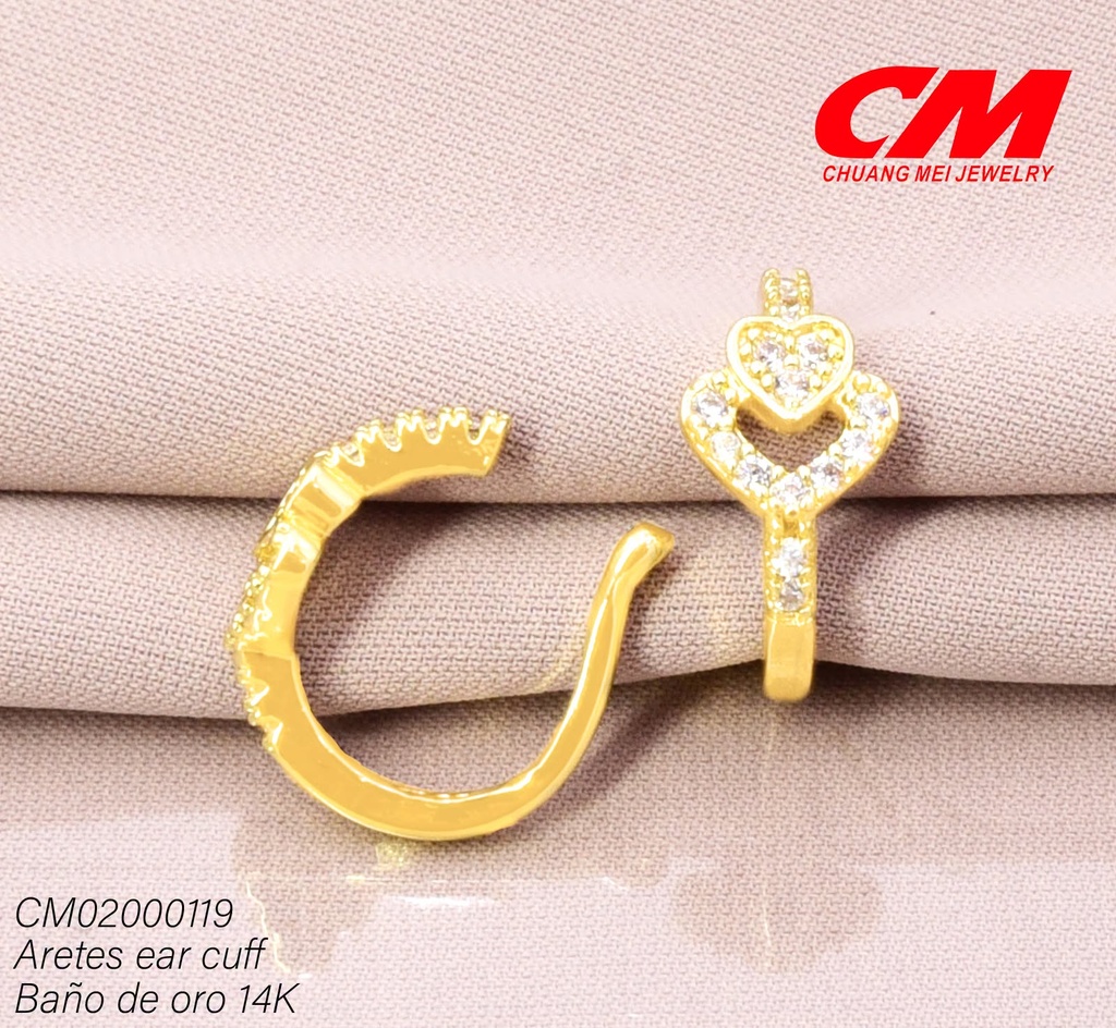 EAR CUFF BAÑO DE ORO 14K. DOBLE CORAZON ZIRC. HORIZ. RJ-00670003 (27A)
