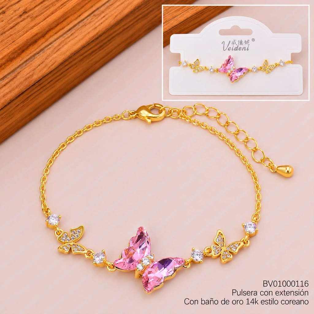 PULSERA BAÑO DE ORO 14K.MARIPOSA ZIRC.ROSADA (VEI080926)