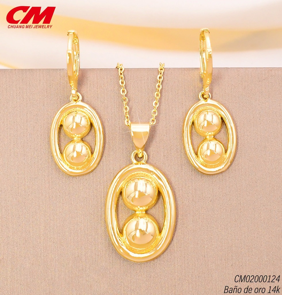 SET BAÑO DE ORO 14K. OV.C/2 PELOTAS, ARETES HUGGIES (27A)