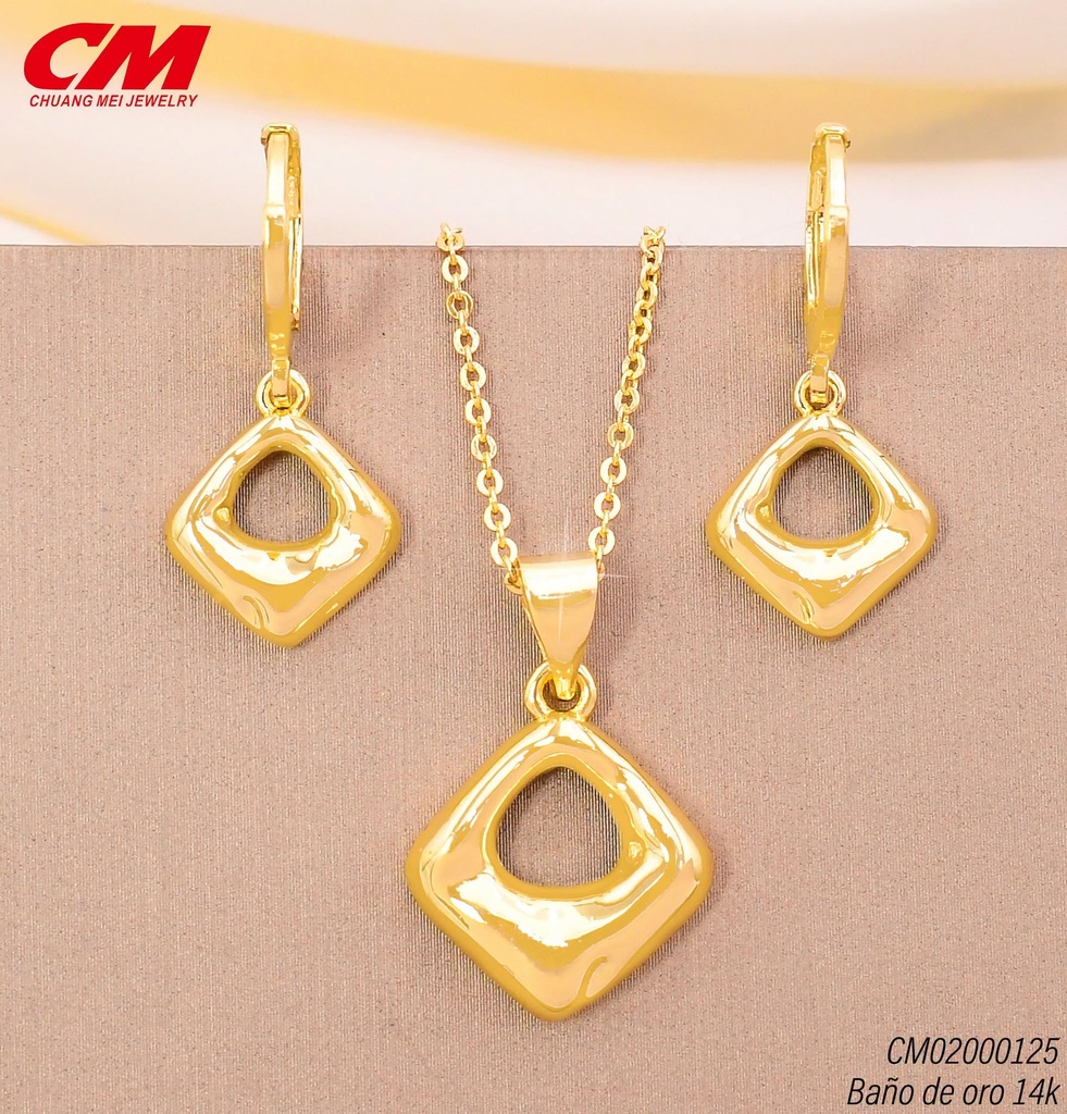 SET BAÑO DE ORO 14K. CROQUIS ROMBOS, ARETES HUGGIES (27A)