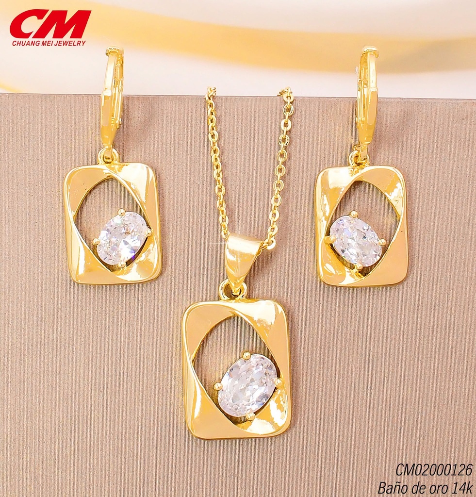 SET BAÑO DE ORO 14K. CROQUIS RECT.C/ZIRC, ARETES HUGGIES (27A)