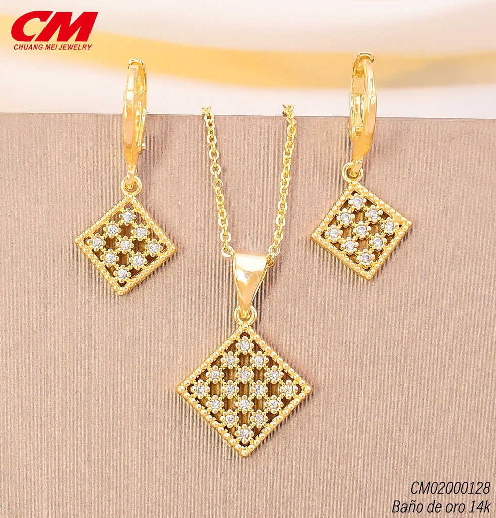 SET BAÑO DE ORO 14K. ROMBOS ZIRC. ARETES HUGGIES (27A)
