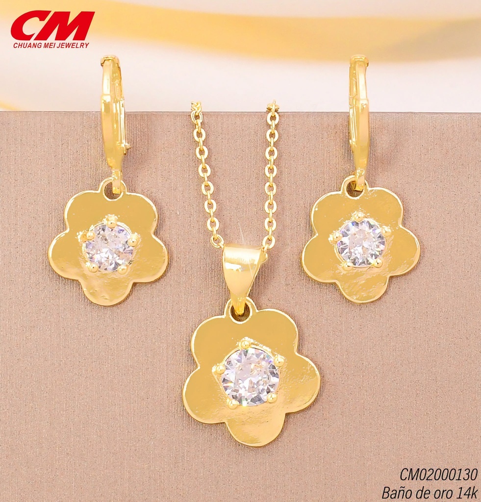 SET BAÑO DE ORO 14K. PLACA FLOR C/ZIRC., ARETES HUGGIES (27A)