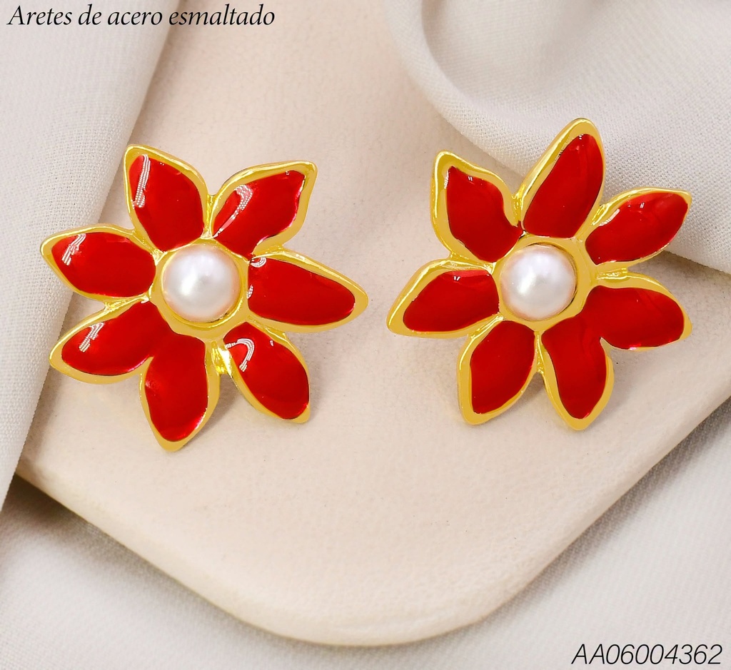ARETES FLOR 7 PETALOS ROJOS/PERLA CENTRO KE134562 (KS26)