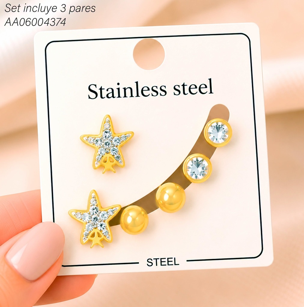 PAQ. 3 PARES ARETES ESTRELLA DOBLE/PELOTITA/ZIRC RD. KE134261 (KS26)