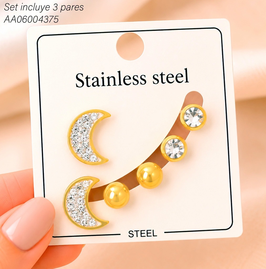 PAQ. 3 PARES ARETES LUNA/PELOTITA/ZIRC RD. KE134263 (K26)