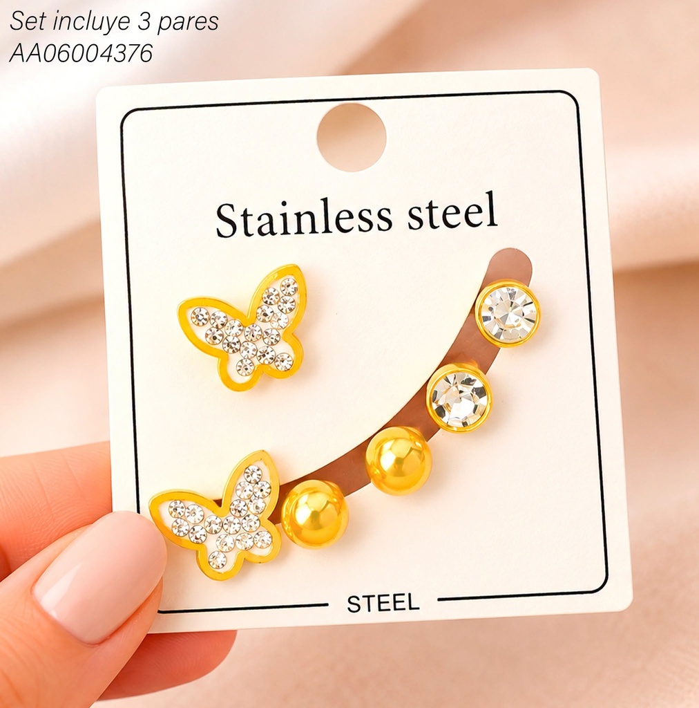 PAQ. 3 PARES ARETES MARIPOSA/PELOTITA/ZIRC RD. KE134262 (KS26)