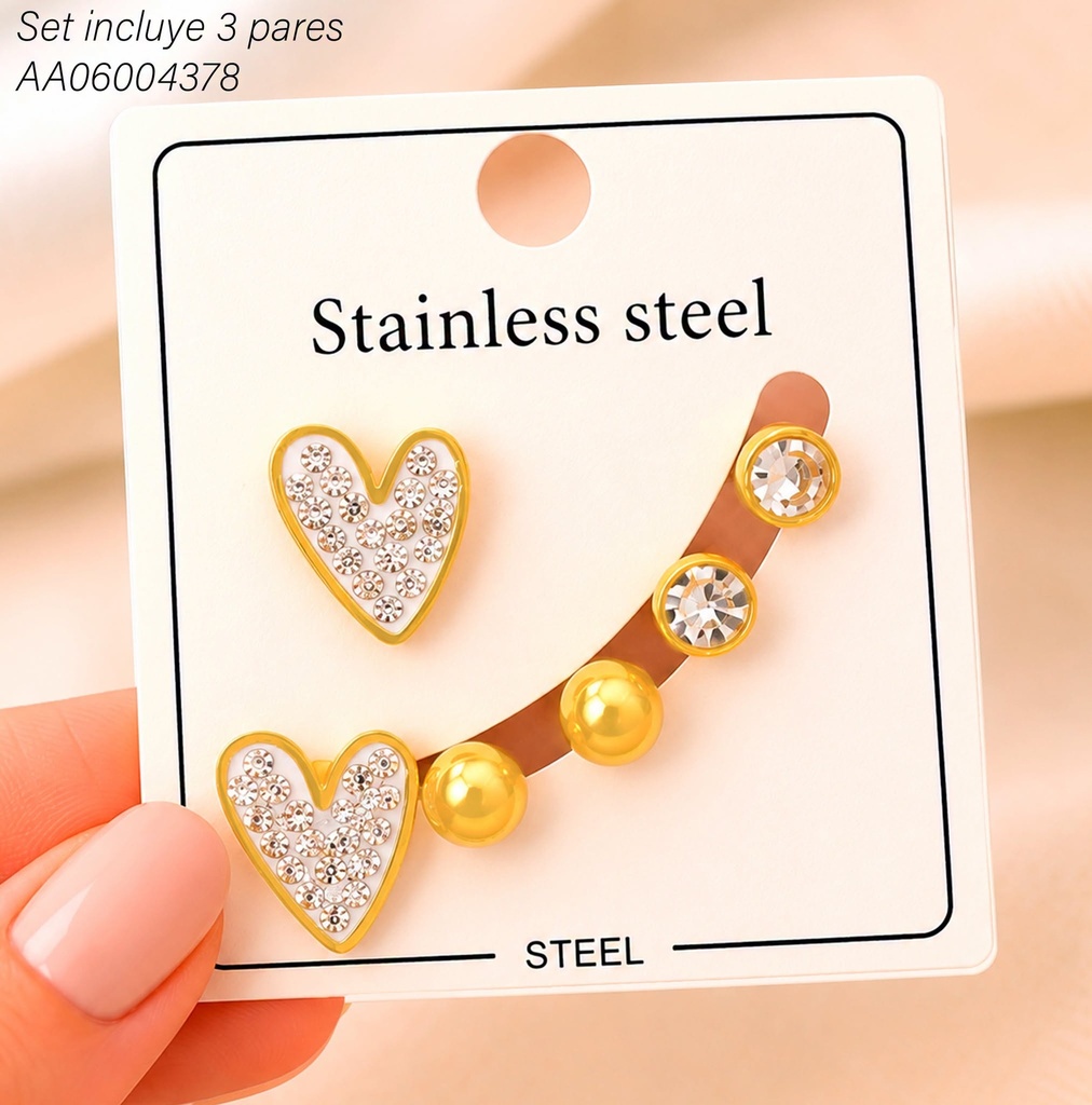 PAQ. 3 PARES ARETES CORAZON/PELOTITA/ZIRC RD. KE134259 (KS26)