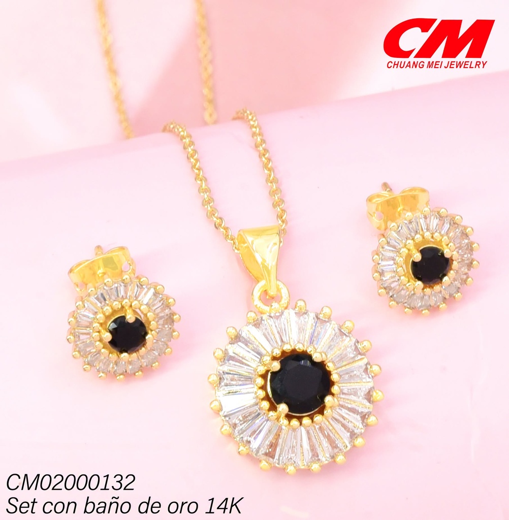 SET BAÑO DE ORO 14K.RD ZIRCONIAS CENTRO OV NEGRO GT07570003  (27A)