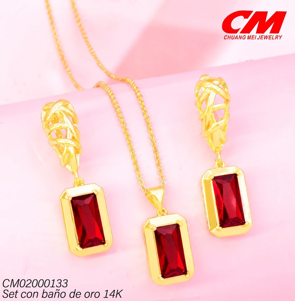 SET BAÑO DE ORO 14K.OV.CALADO,RECT.VERT ROJO YT-00100031 (27A)