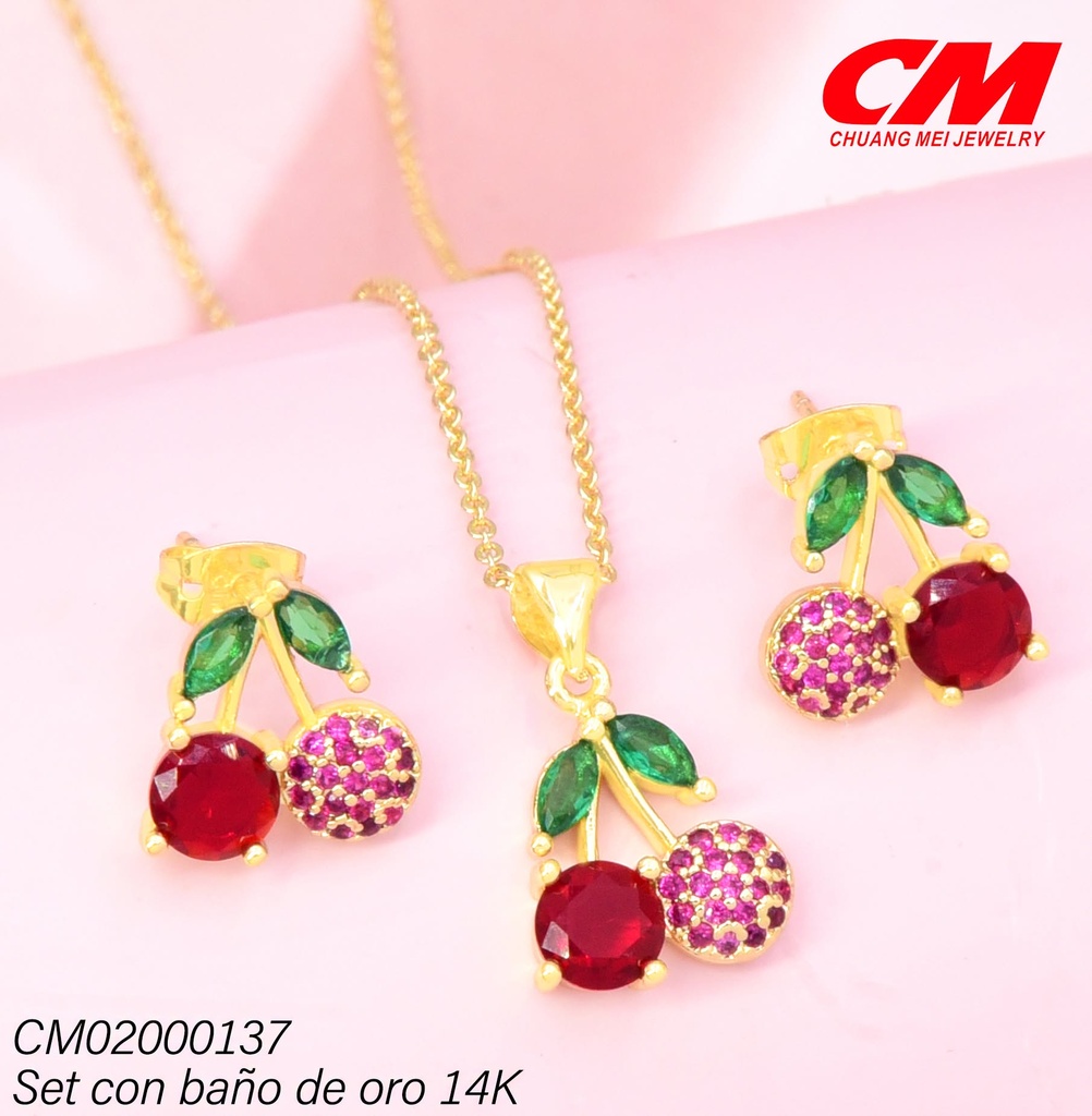 SET BAÑO DE ORO 14K.CEREZAS ZIRC.RD.ROJAS/HOJAS GT-08730001 (27A)