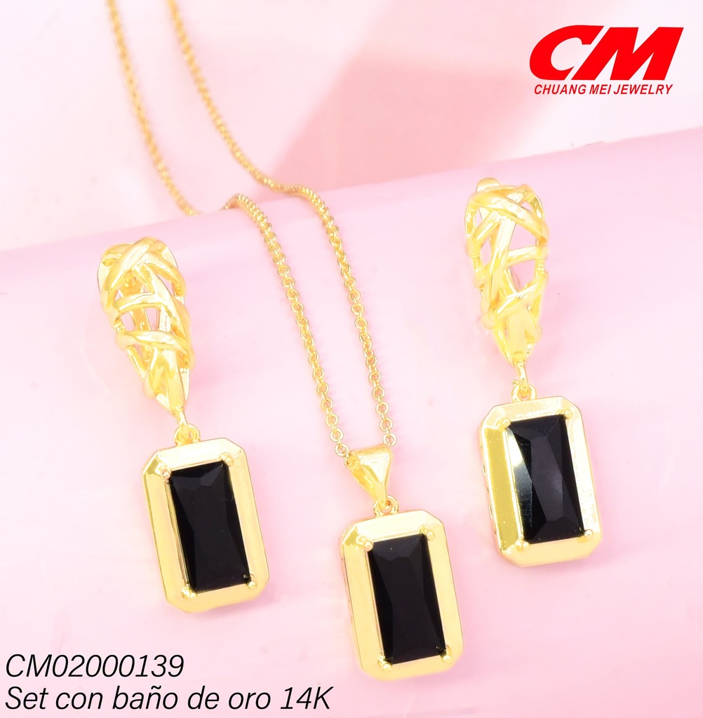 SET BAÑO DE ORO 14K.OV.CALADO,RECT.VERT NEGRO YT-00100032 (27A)