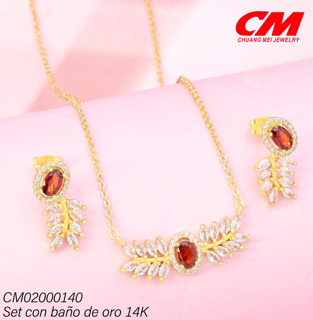 SET BAÑO DE ORO 14K.ZIRC.ROJA OV.C/RAMITAS ZIRC GT-04500025 (27A)