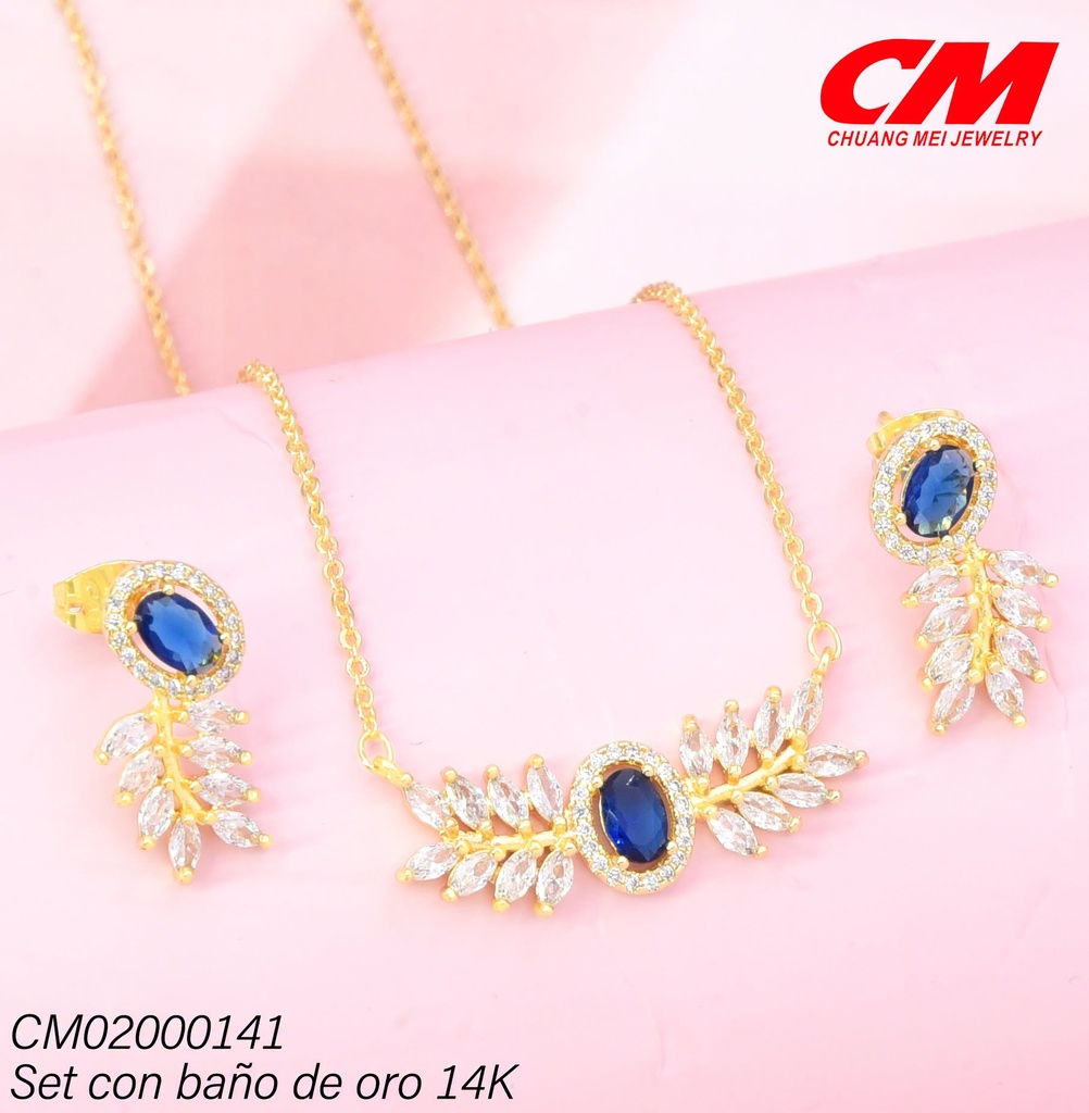 SET BAÑO DE ORO 14K.ZIRC.AZUL OV.C/RAMITAS ZIRC GT-04500014 (27A)