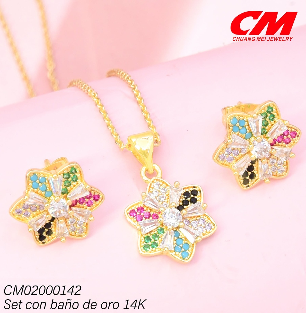 SET BAÑO DE ORO 14K.FLOR COL.VARIOS ZIRC.DIV.GT-04500007 (27A)