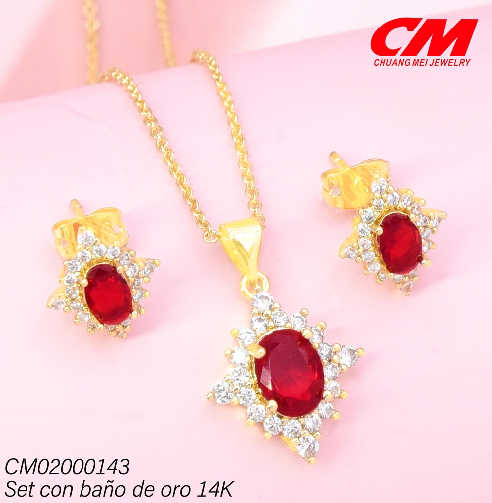 SET BAÑO DE ORO 14K.ZIRC.OV.ROJA C´/PUNTAS ZIRC.GT-07550010 (27A)