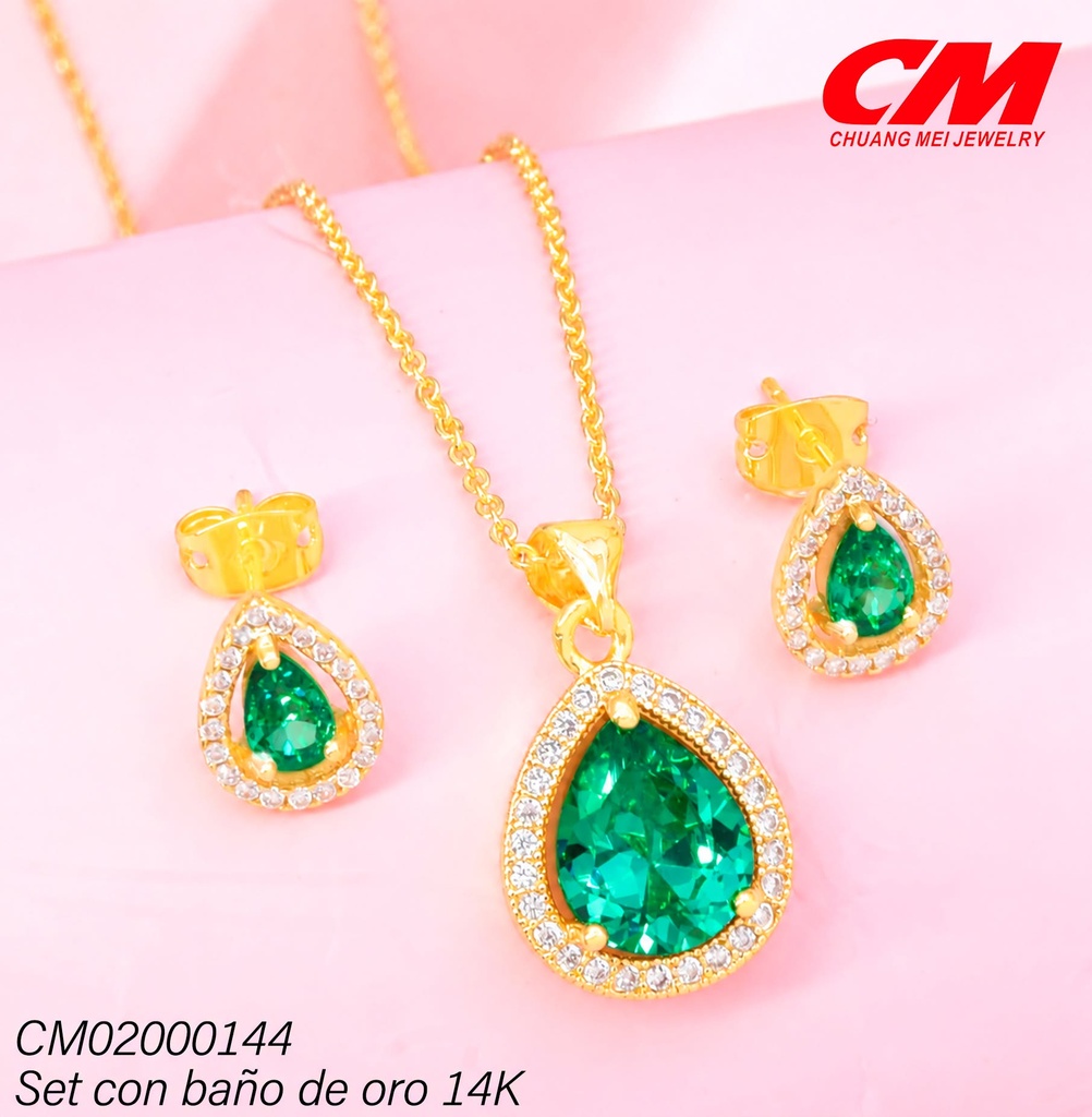 SET BAÑO DE ORO 14K.GOTA VERDE C/BORDE ZIRC. GT-30040026 (27A)