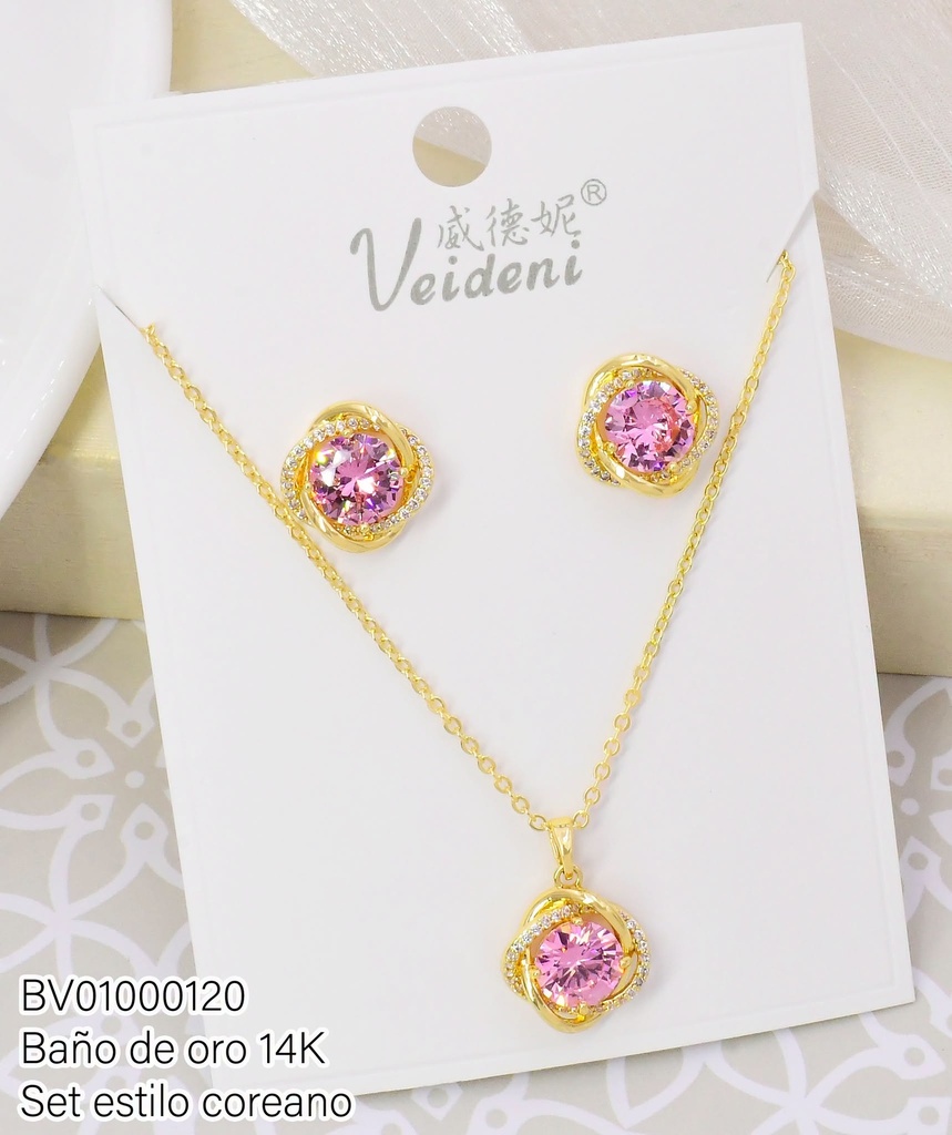 SET BAÑO DE ORO 14K.ZIRC.OV.ROSADO C/BORDES WTZ-009 (VEI080926)