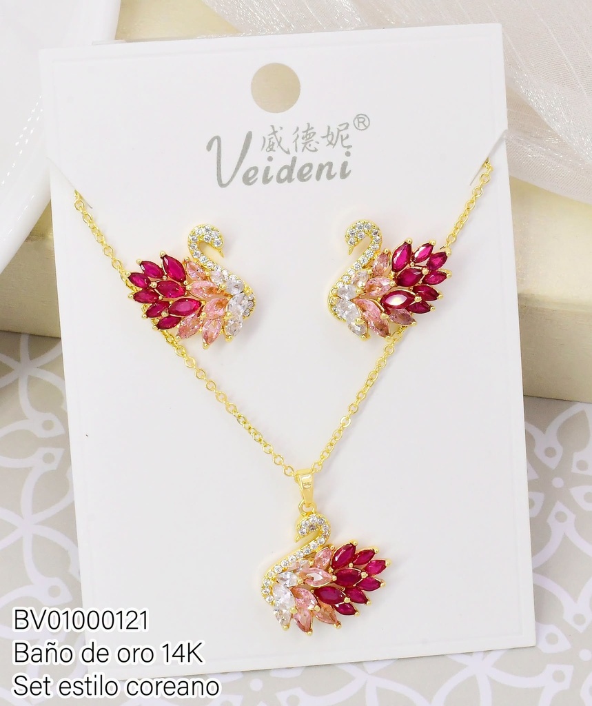 SET BAÑO DE ORO 14K.ZIRC.CISNE ZIRC.ROJAS-ROSADAS WTZ-535 WTZ-009 (VEI080926)